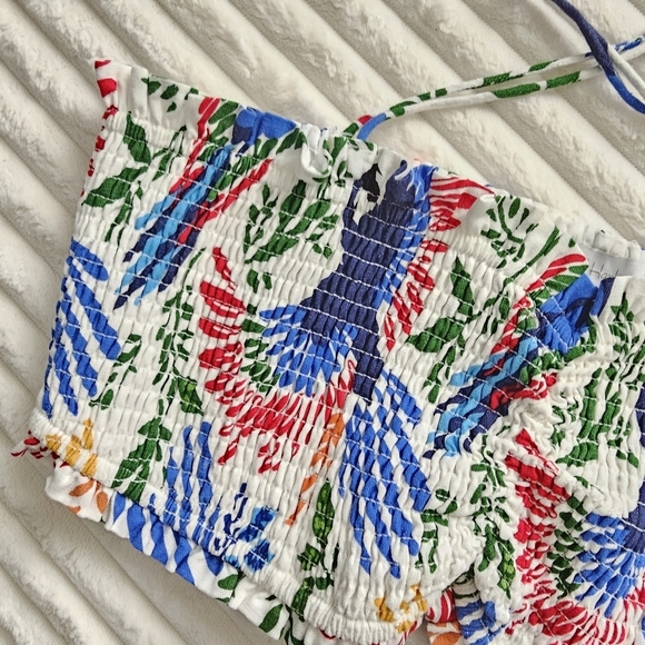 House Of Harlow 1960 Parrot Smocked Linen Bandeau With Beaded Tassels - Picture 6 of 10